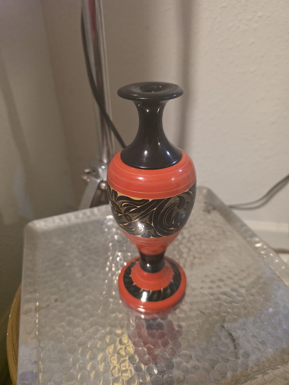 Red and Black Decorative Accent Vase with Gold Scroll Detail